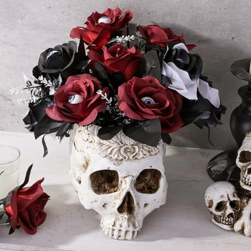 Halloween Skull Decor: Gothic Vintage Skull Head Planter Pot Vase with Black Red Roses Flowers, Skeleton Halloween Decorations Indoor Centerpieces for Table Desk Home Office Mantel Shelf Party Gifts | Amazon (US)