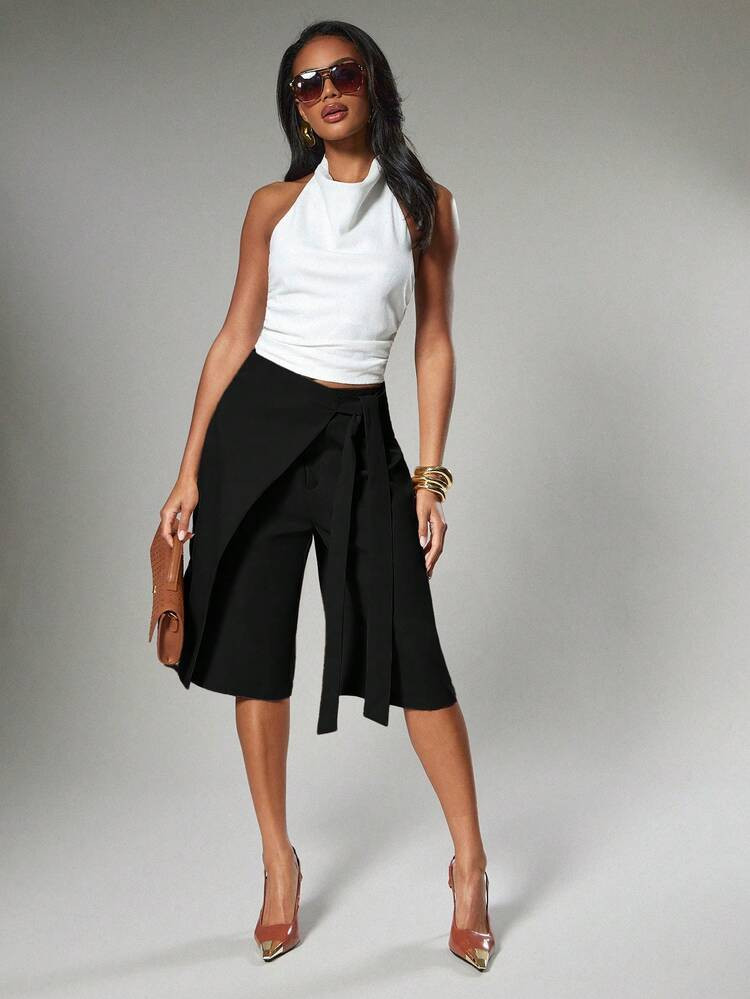 Hauture Women's Sexy Casual Solid Color Tailored Wrap Wide Leg Trousers Bermuda Shorts With Tie Detail | SHEIN