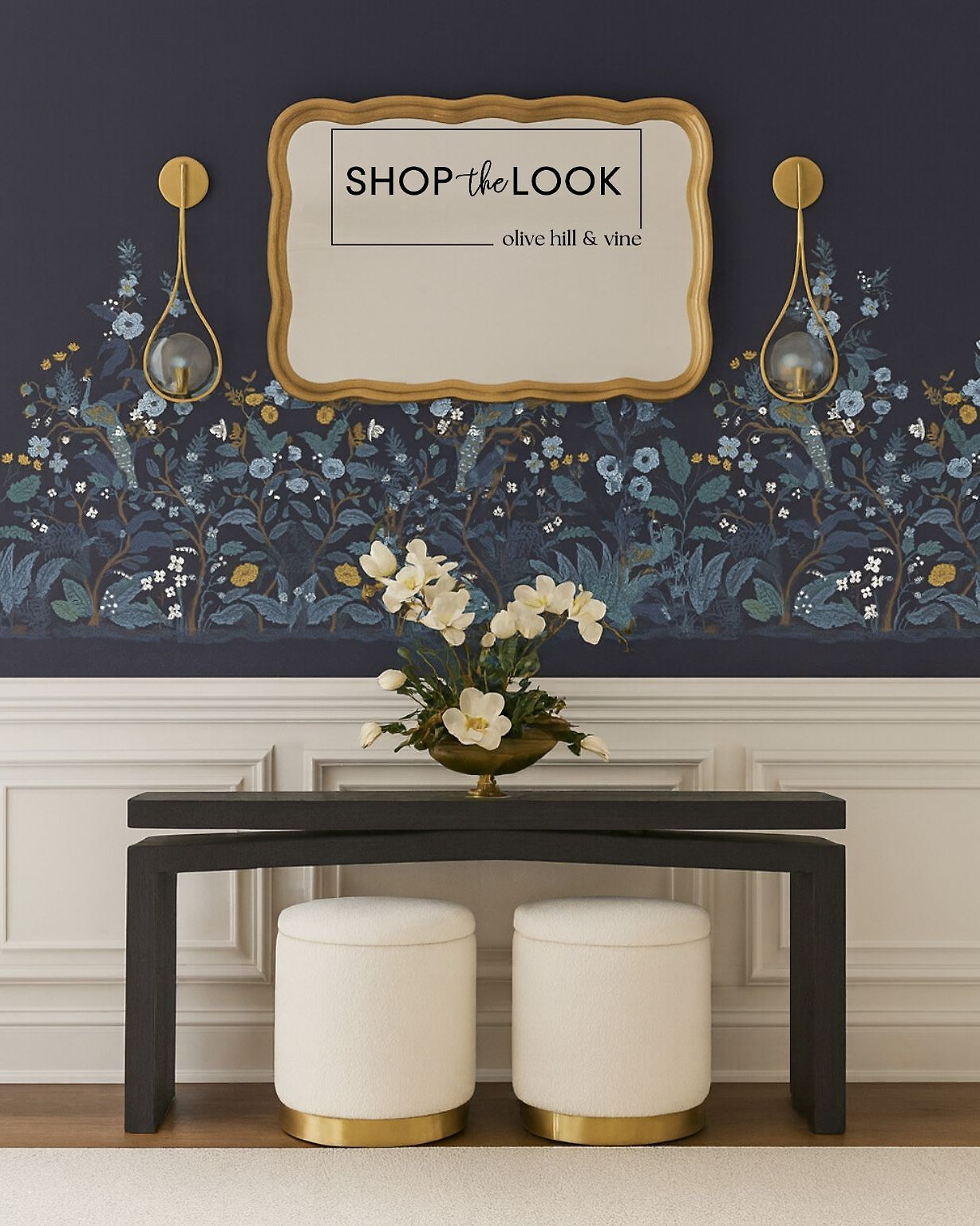 Bold navy walls with floral and peacock details bring drama to your entryway. A sleek console, ivory ottomans with gold bases, brass sconces, and a gilded mirror complete this statement look with elegance and function. 

 

#LTKHome #LTKStyleTip #LTKFamily