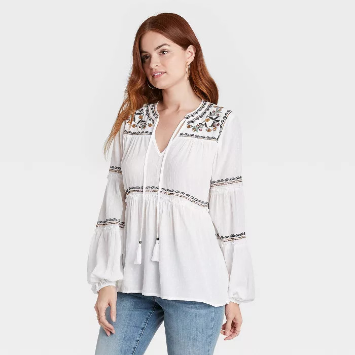 Women's Long Sleeve Embroidered Top with Tassles - Knox Rose™ | Target