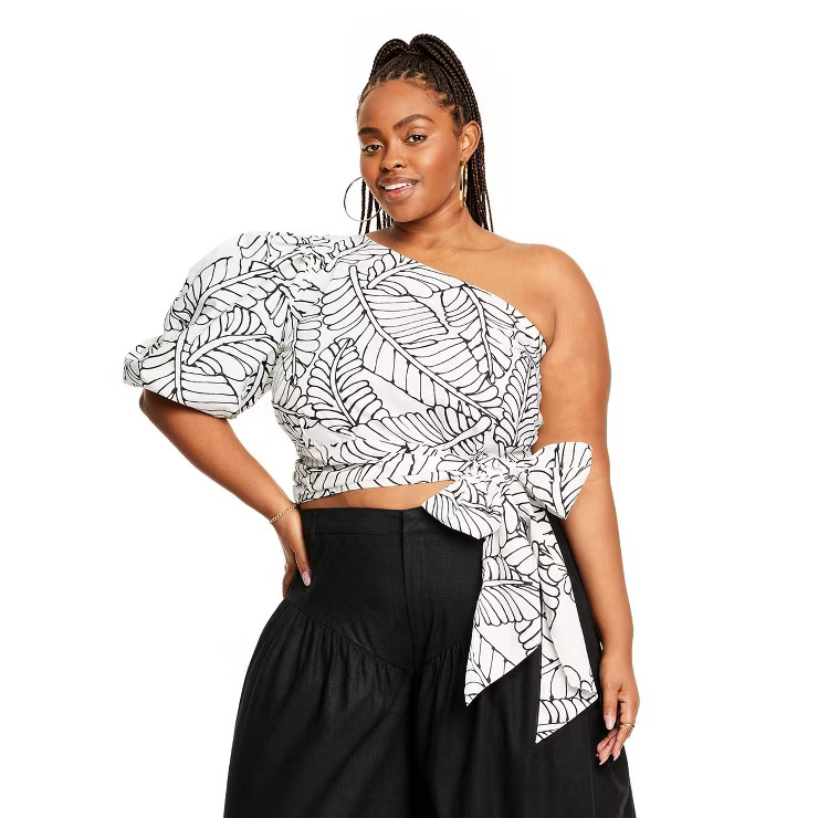 Women's Sketch Palm Leaf Print Wrap Tie One Shoulder Top - Fe Noel x Target Black/White | Target