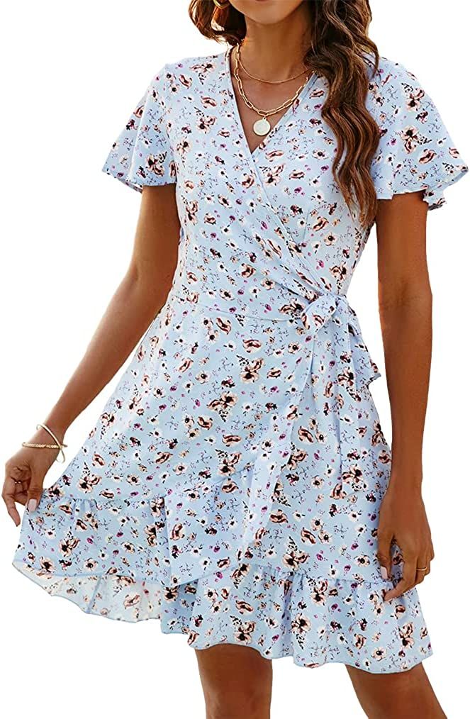 Naggoo Women's Summer Wrap V Neck Ruffle Short Sleeve Mini Floral Dress | Amazon (US)