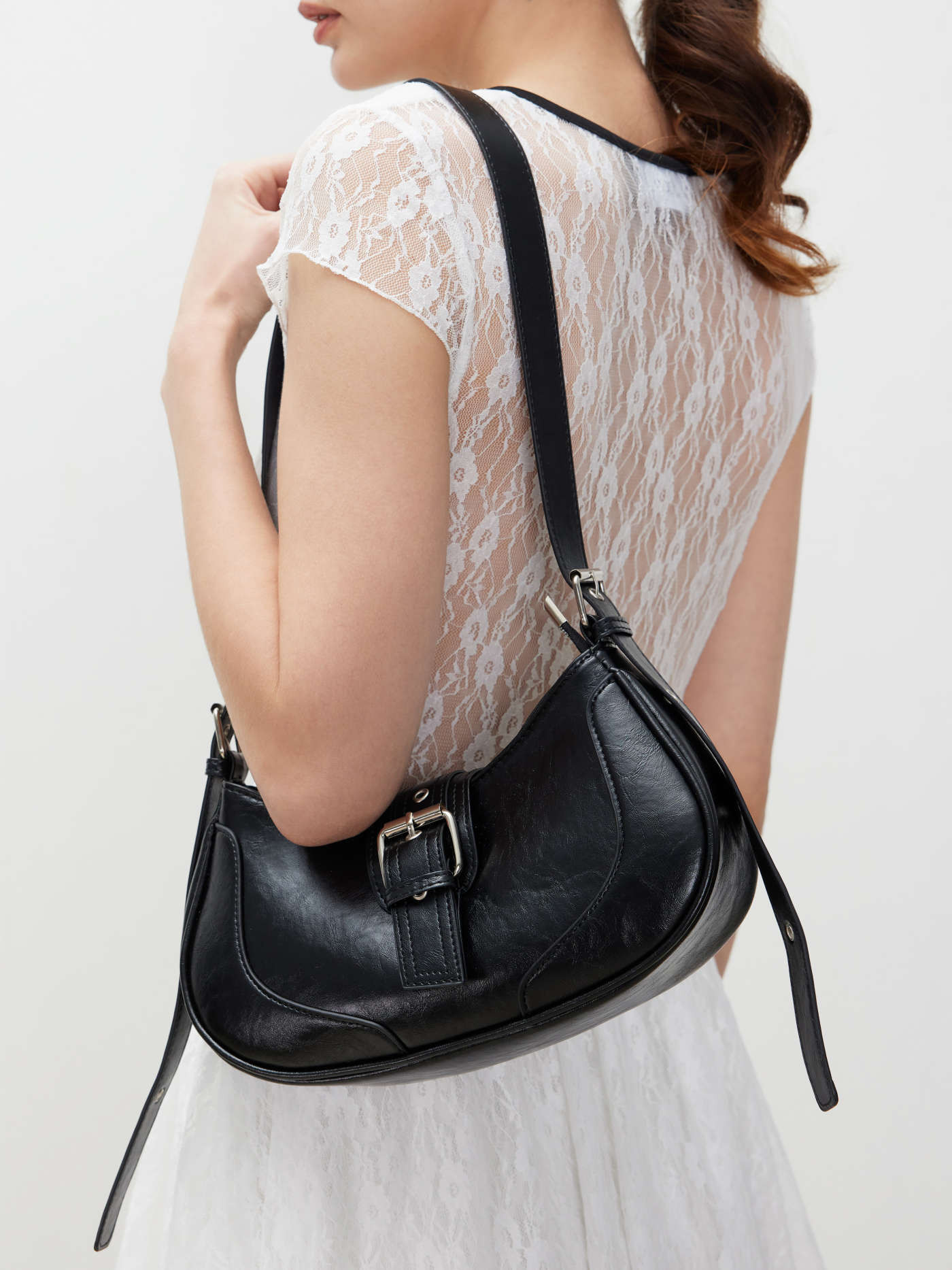 Distressed Texture Crescent Shape Buckle Decor Shoulder Bag | Cider