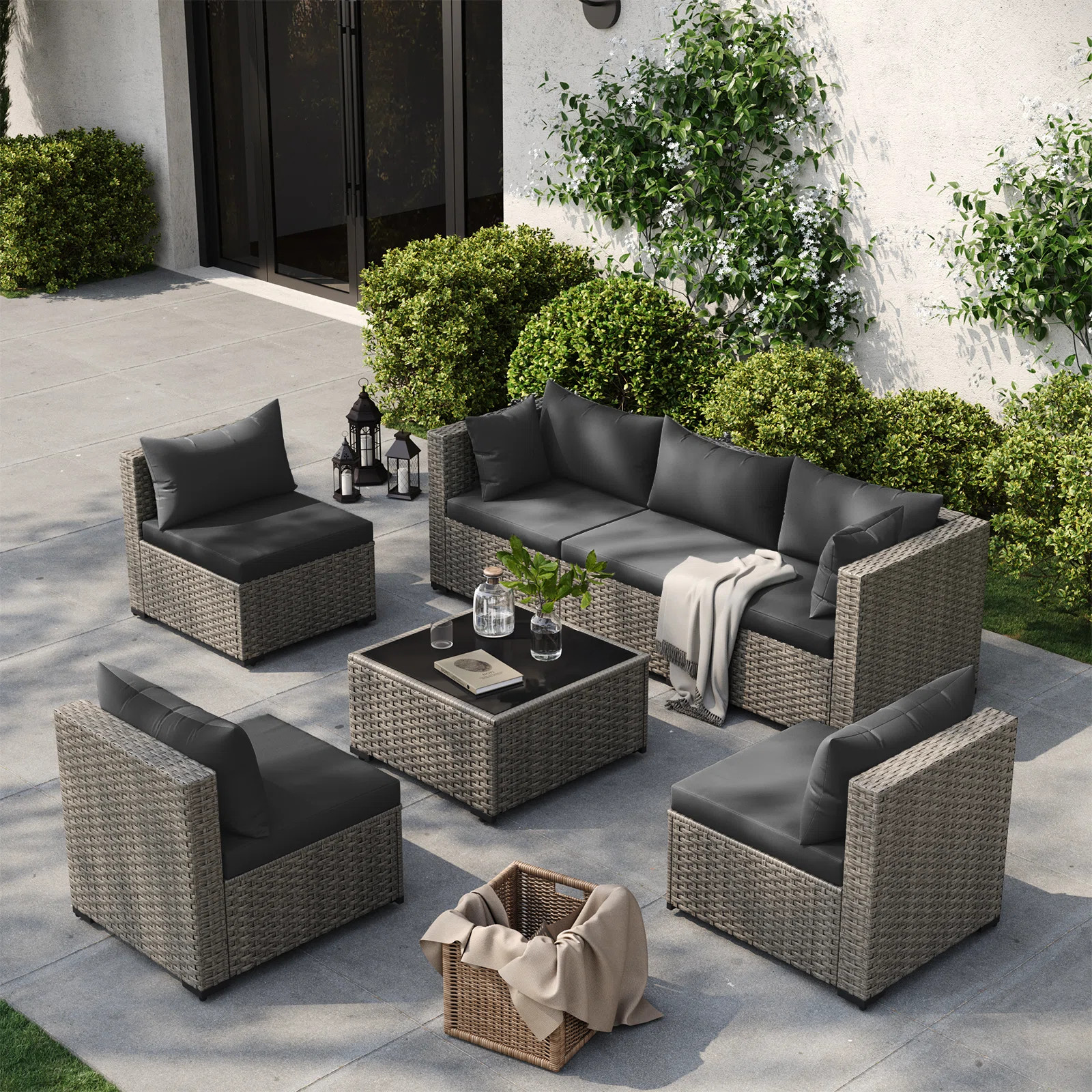 6-Person All-Weather Rattan Sofa Set, Outdoor Seating Group with Cushions & Glass Table | Wayfair North America
