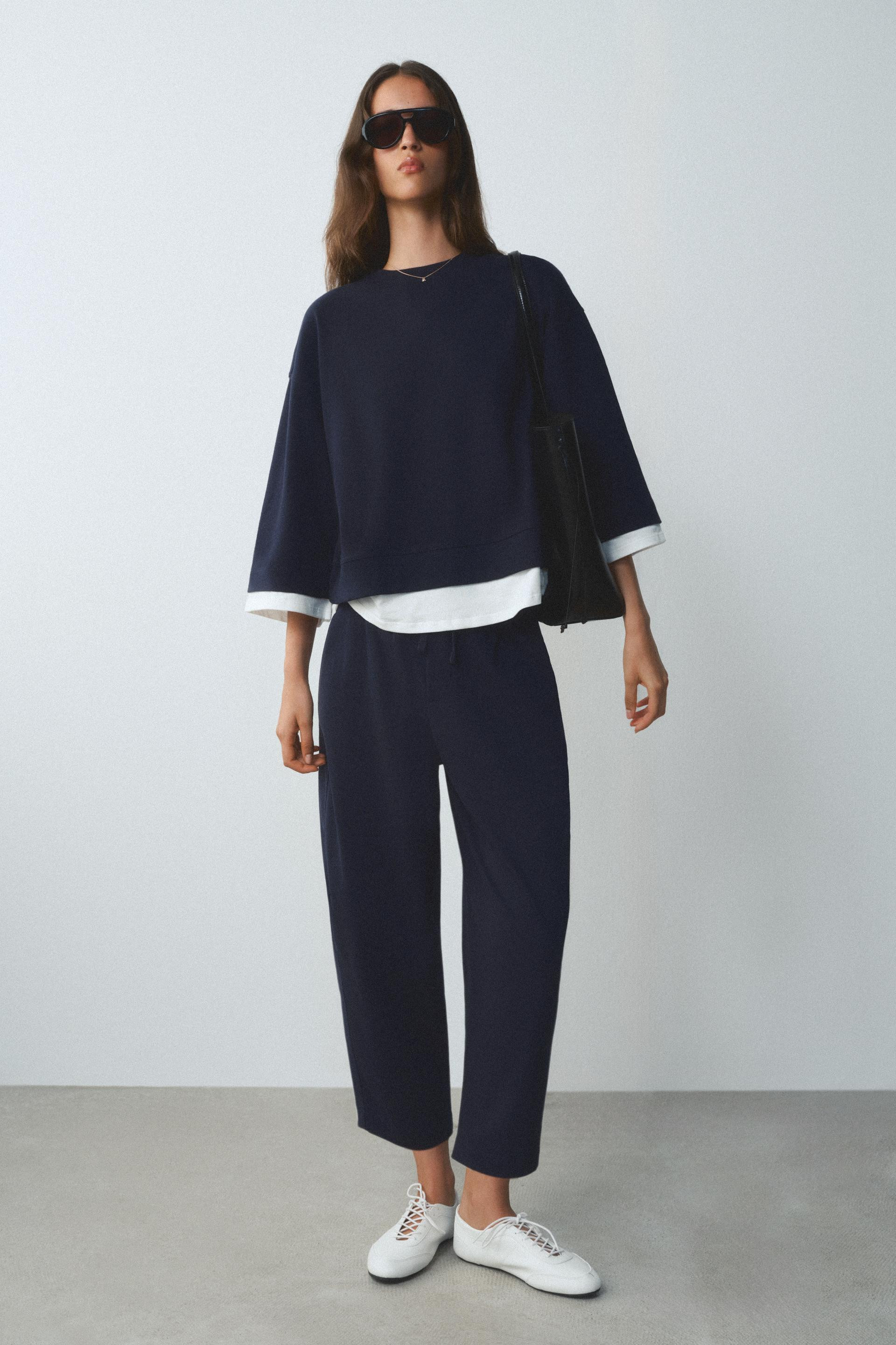 Zara - Combination Long Sleeve Sweatshirt - Navy Blue - M - Woman | Zara US