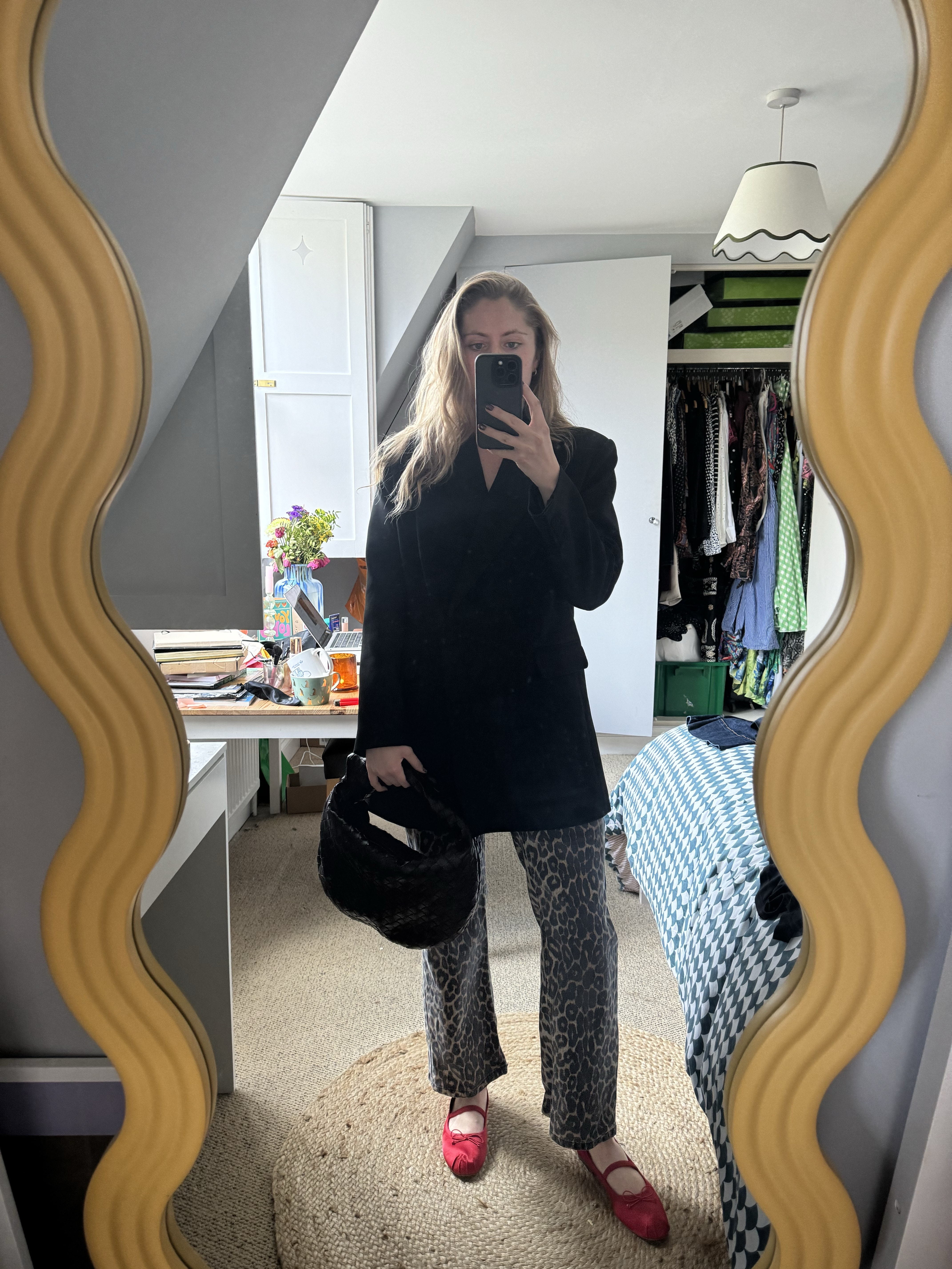 winter outfit, winter fashion, winter shoes, work outfit, workwear, satin ballet pumps, bottega veneta jodie teen bag, brown bag, oversized blazer, leopard jeans, ballet flats, red pumps 

 #LTKuk #LTKwinter #LTKworkwear