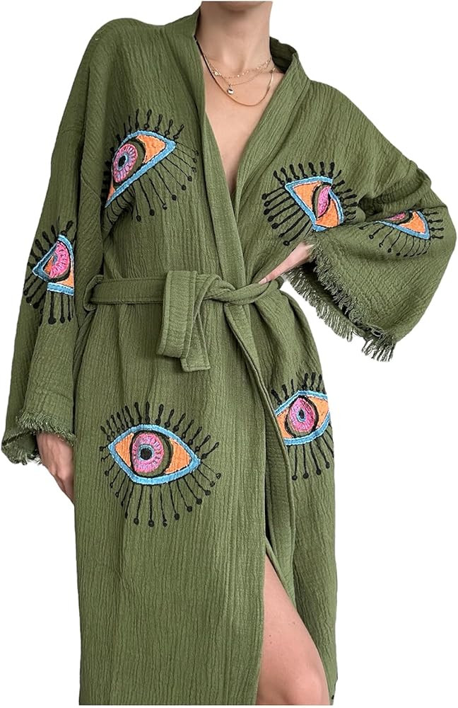 Pinus Evil Eye Kimono Robe Hand Painted, 100% Cotton, Robe, Loungewear, housecoat One Size Fits X... | Amazon (US)