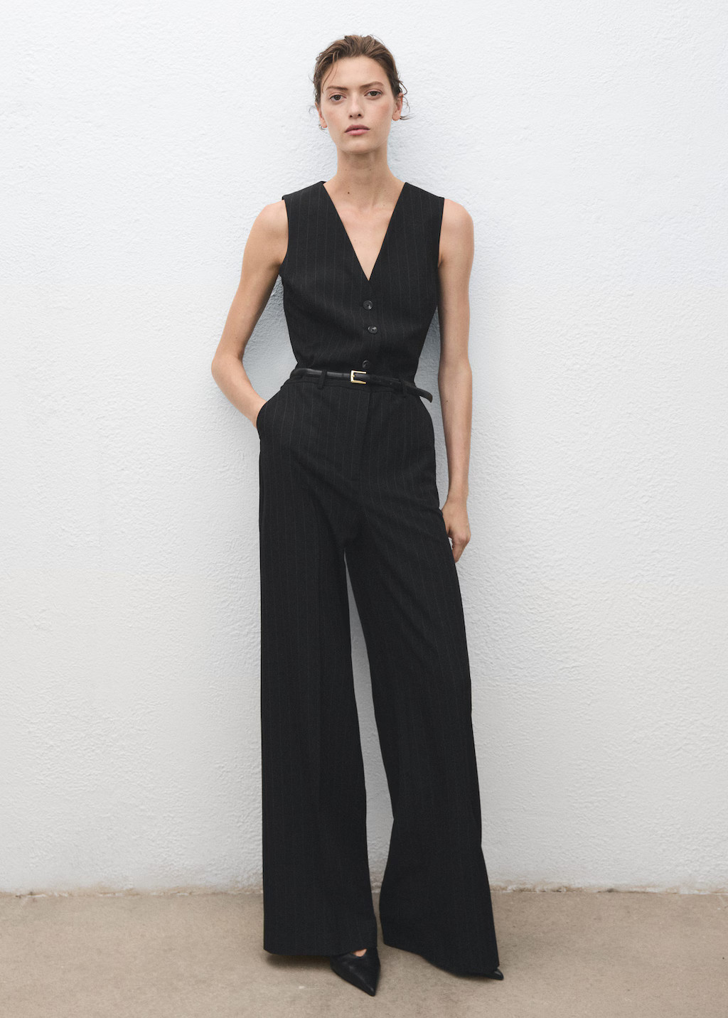 Pinstripe jumpsuit with belt dark navy - Woman - M - MANGO | Mango (US/MX/AU)