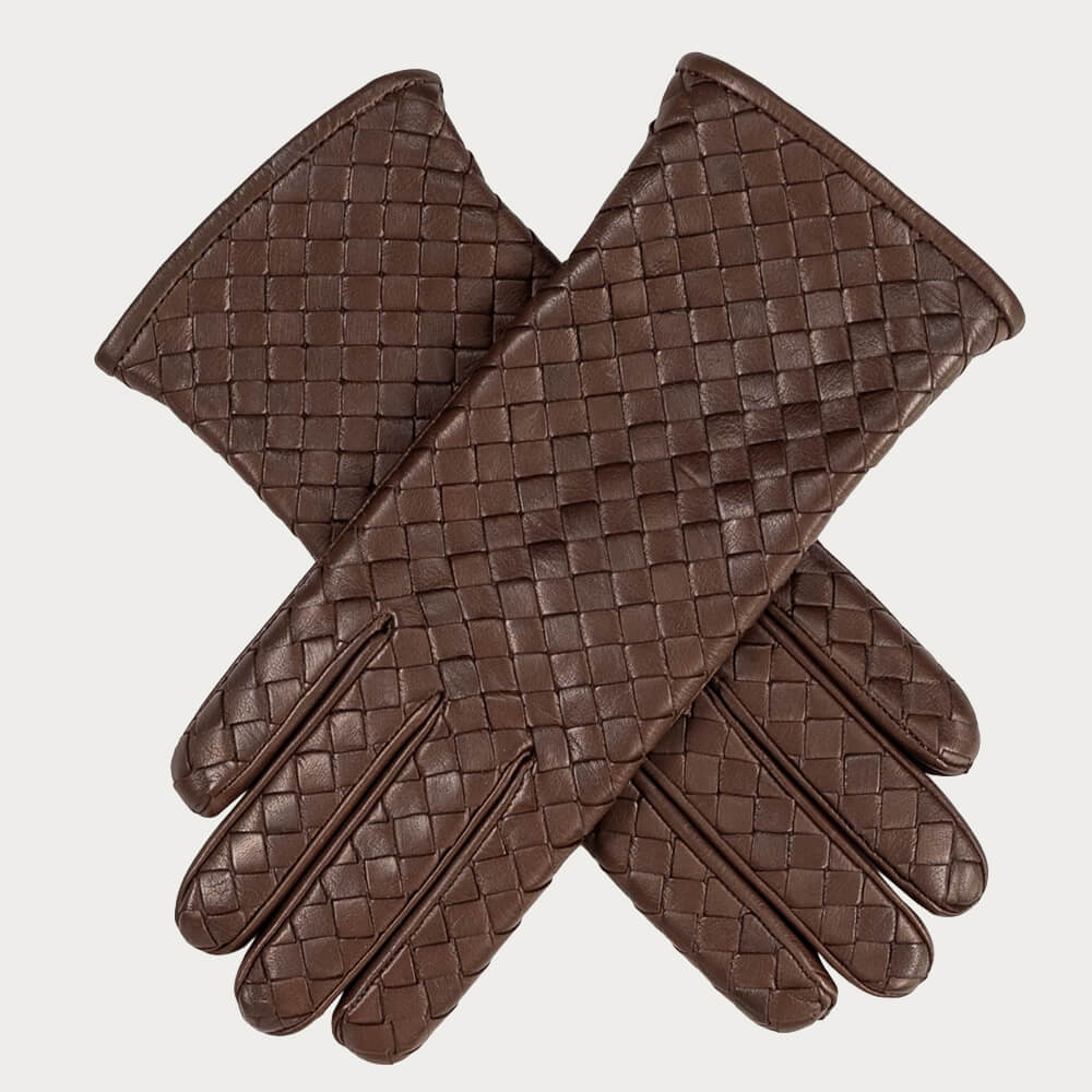 Havana Brown Woven Cashmere Lined Leather Gloves | Black