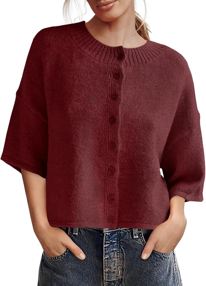 Saodimallsu Womens 3/4 Sleeve Cardigan Sweater Button Down Cropped Crewneck Cardigan 2025 Fall Ca... | Amazon (US)