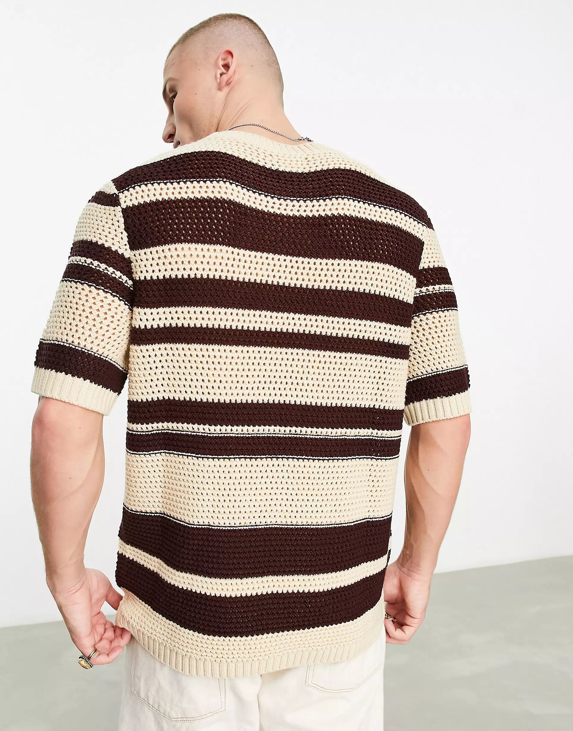 ASOS DESIGN knitted t-shirt with stripe placements in rust | ASOS (Global)