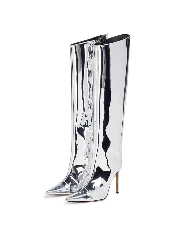 Women's Knee High Shoes Sexy Pointed Toe Stiletto Heel Shoes Metallic Leather Zipper Dress Shoes | SHEIN
