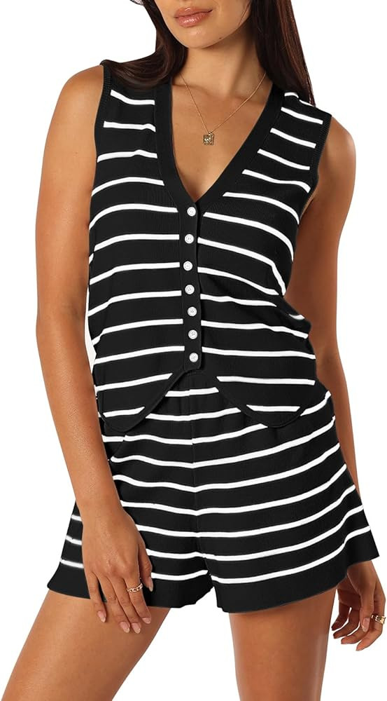 Pink Queen Vest Sets Women 2 Piece Outfits 2024 Summer Casual Knit Loungewear Sleeveless Button D... | Amazon (US)