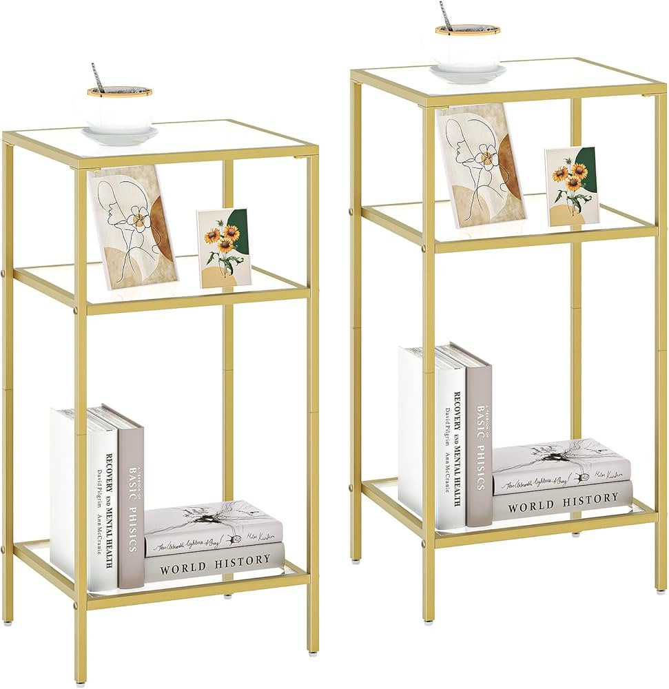 Homhedy 3-Tier Side Table, Set of 2 End Tables with Tempered Glass, Nightstands with Storage Shel... | Amazon (US)
