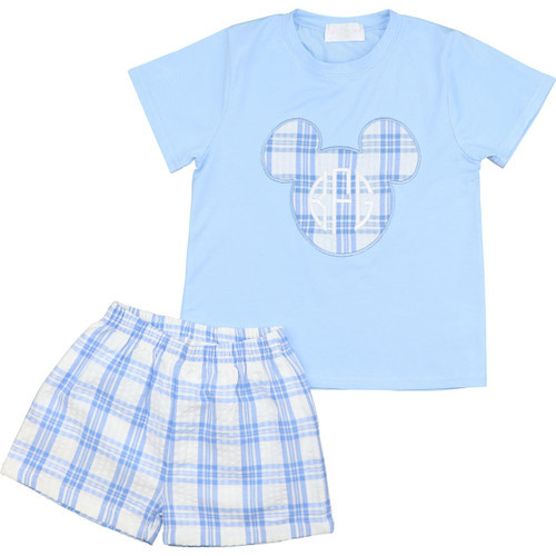 Blue Plaid Applique Mouse Ears Short Set | Cecil and Lou