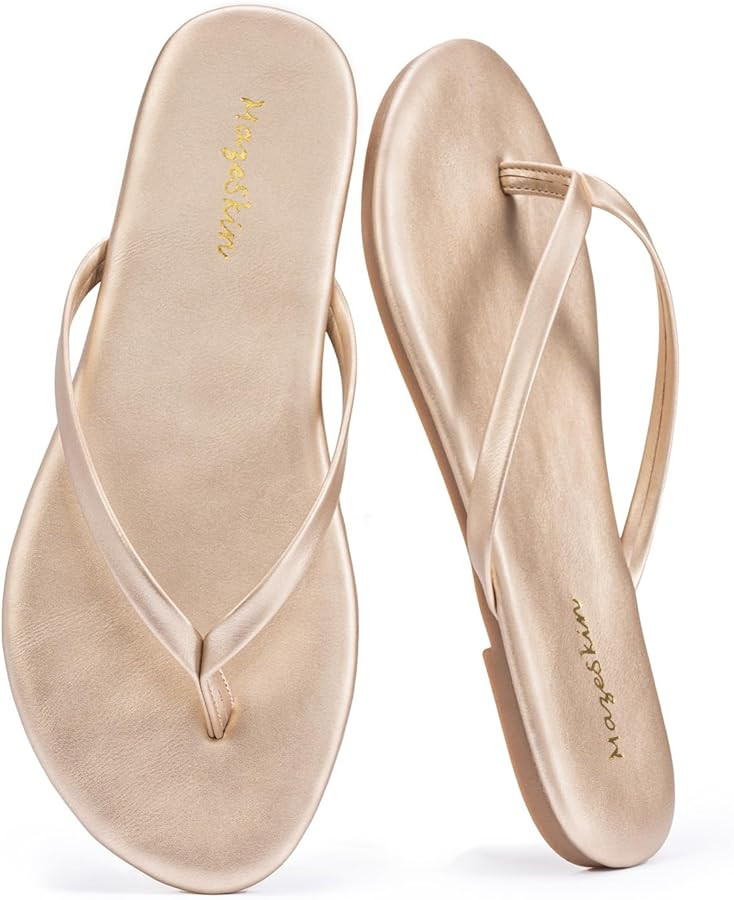 mazeskin Women's Memory Foam Comfortable Flat Thong Sandals Dressy Summer Beach Leather Slide Fli... | Amazon (US)