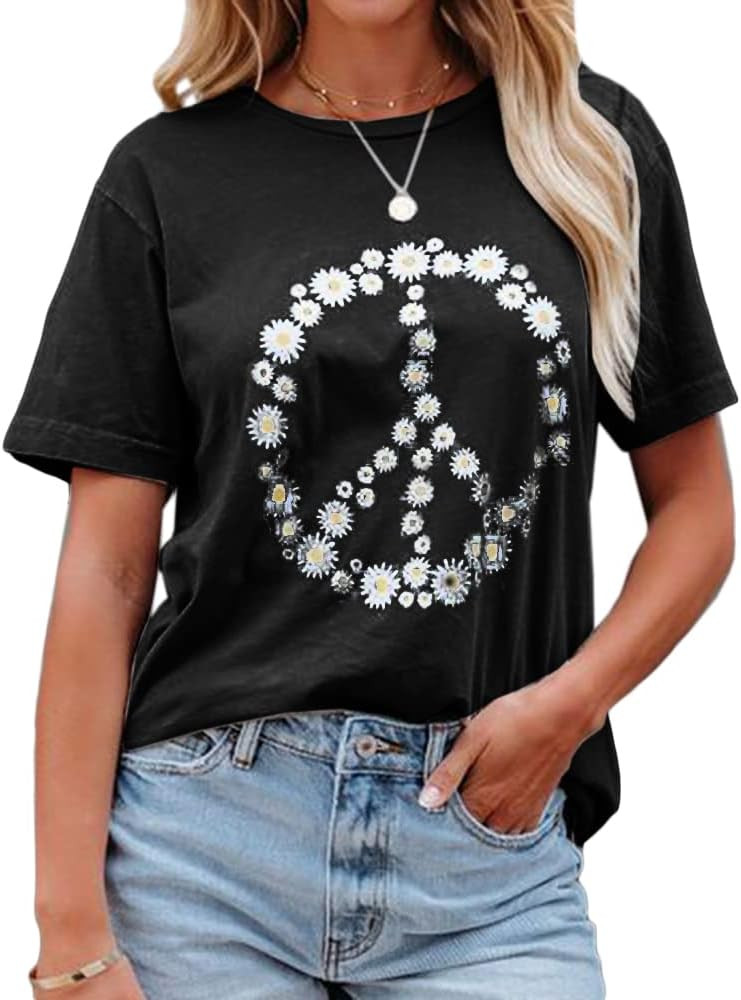 JeimPoey Women Peace Sign T-shirt Flower Print Graphic Tees Daisy Pattern Floral Loose Novelty Sh... | Amazon (US)
