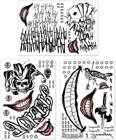 3 Sheets Joker Tattoos, Realistic & Last Long Halloween Fake Temporary Tattoo Sticker for Men - All  | Amazon (US)