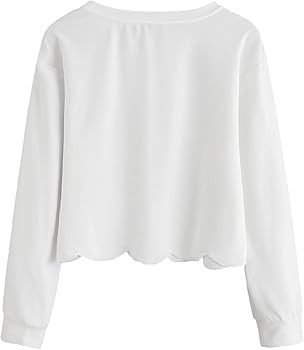Romwe Women's Casual Long Sleeve Scalloped Hem Crop Tops Sweatshirt | Amazon (US)