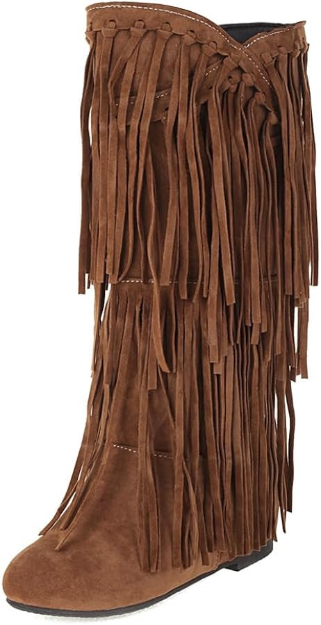 gongxifacai Womens Fringe Western Boots Fashion Hidden Heel Knee-high Boots | Amazon (US)