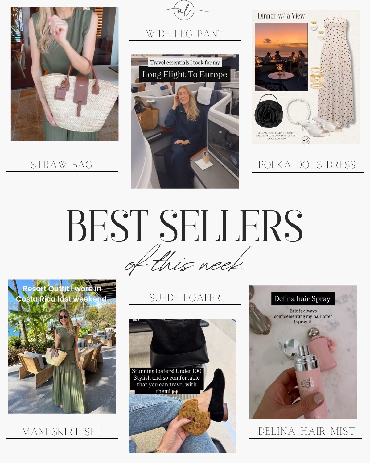 Best seller of this week 
Straw bag, maxi skirt set, wide leg pant, suede loafer, polka dots dress, Delina hair mist. 

#LTKSeasonal #LTKootd #LTKU