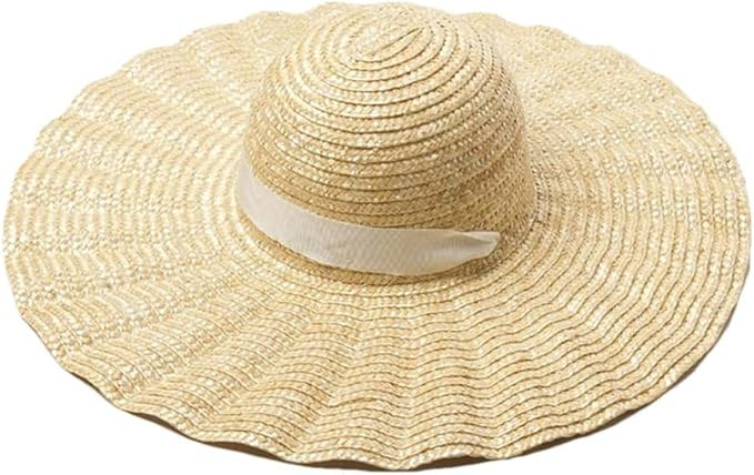 Women's Raffia Large Brim Ribbon Straw Hat Summer Sun Hat Beach Hat Dome Sun Shade Beach Accessor... | Amazon (US)