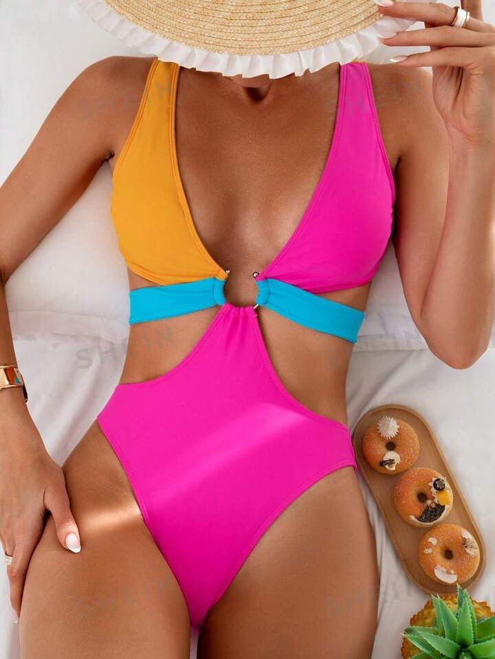 Women's Color-Blocking One-Piece Swimsuit With Hollow Out Design At Waist | SHEIN