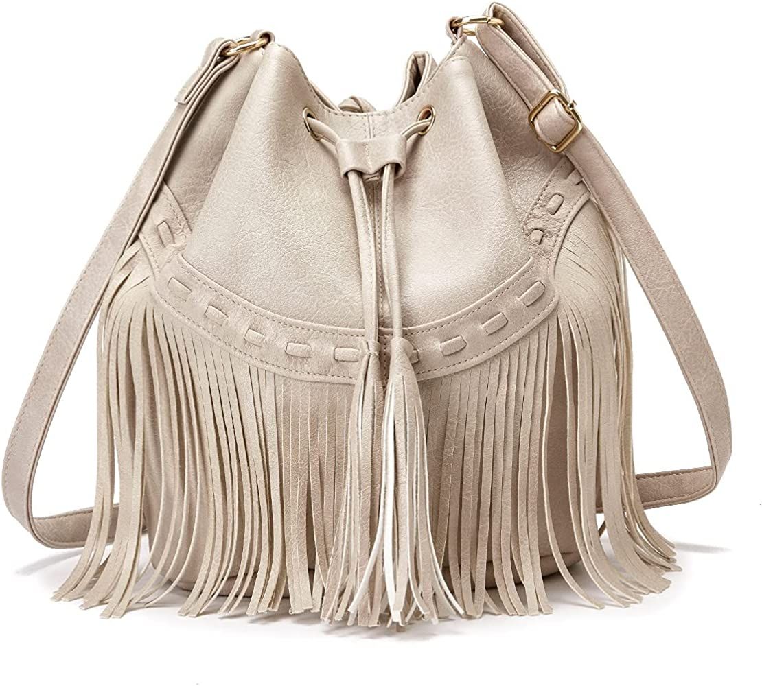 Leather Bucket Bags for Women Crossbody Purses with Drawstring Ladies Tassel Hobo and Shoulder Handb | Amazon (US)