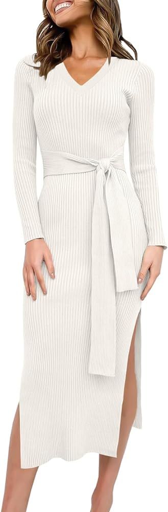 Caracilia Women's 2023 Long Sleeve Sweater Dress Elegant V Neck Slim Fit Side Slit Midi Fall Wint... | Amazon (US)