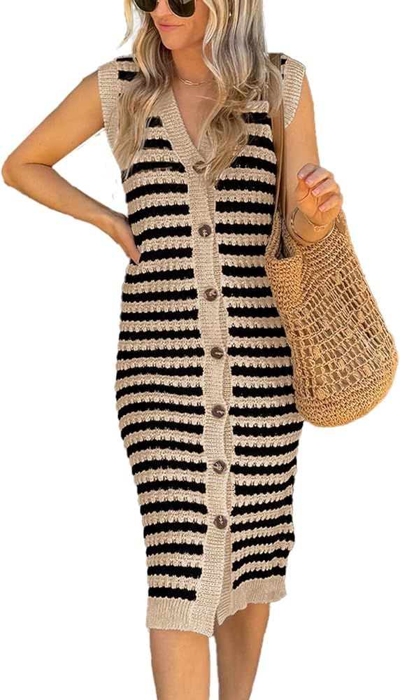 BLENCOT Women's V Neck Striped Sweater Cover Up Dress Causal Sleeveless Button Cardigan Midi Tank... | Amazon (US)