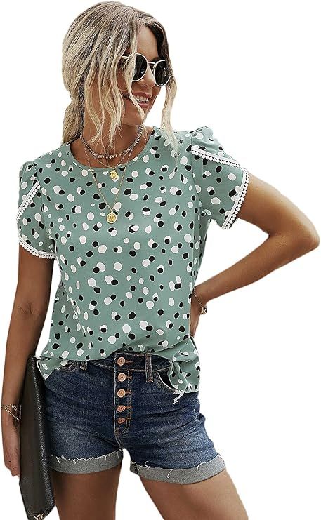 Floerns Women's Petal Sleeve Round Neck Dalmatian Print Blouse Tops | Amazon (US)