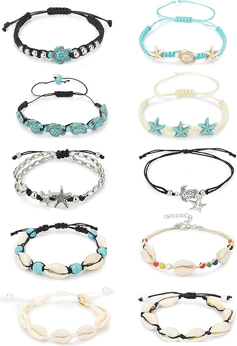 LOYALLOOK 10PCS Shell Turtle Ankle Bracelets Handmade Boho Anklet Jewelry Adjustable Natural Cowr... | Amazon (US)