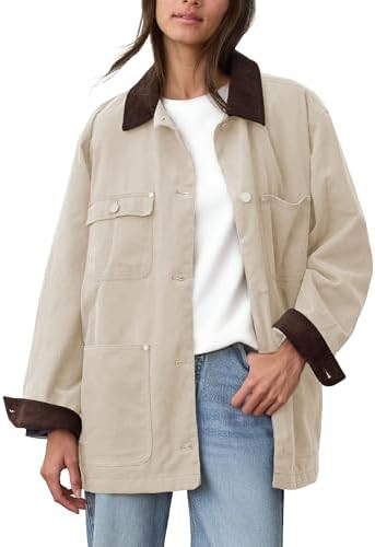 Womens Utility Barn Jackets Oversized Vintage Corduroy Collar Coat | Cotton Casual Corduroy Colla... | Amazon (US)