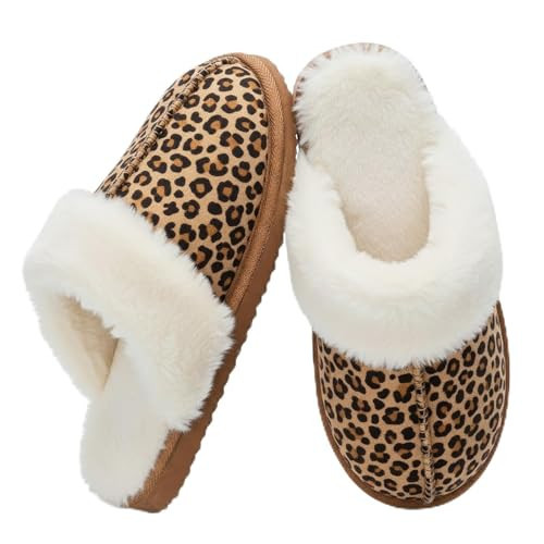 OOW Fuzzy Slippers for Women Cozy Faux Fur House Shoes Winter Warm Memory Foam Slippers for Indoor and Outdoor Leopard Size 6 | Amazon (US)
