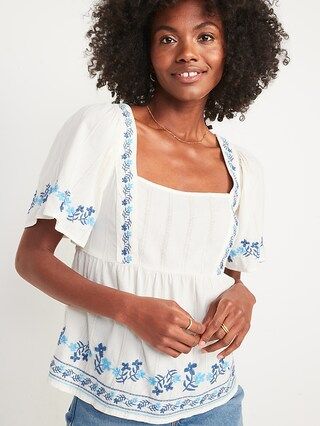 Embroidered Flutter-Sleeve Square-Neck Top for Women | Old Navy (US)