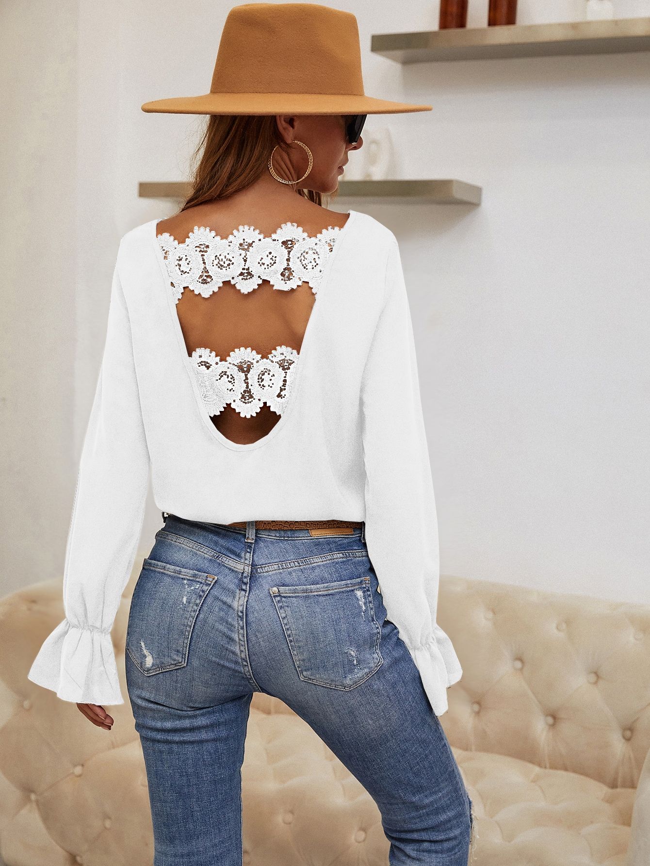 Guipure Lace Panel Solid Blouse | SHEIN