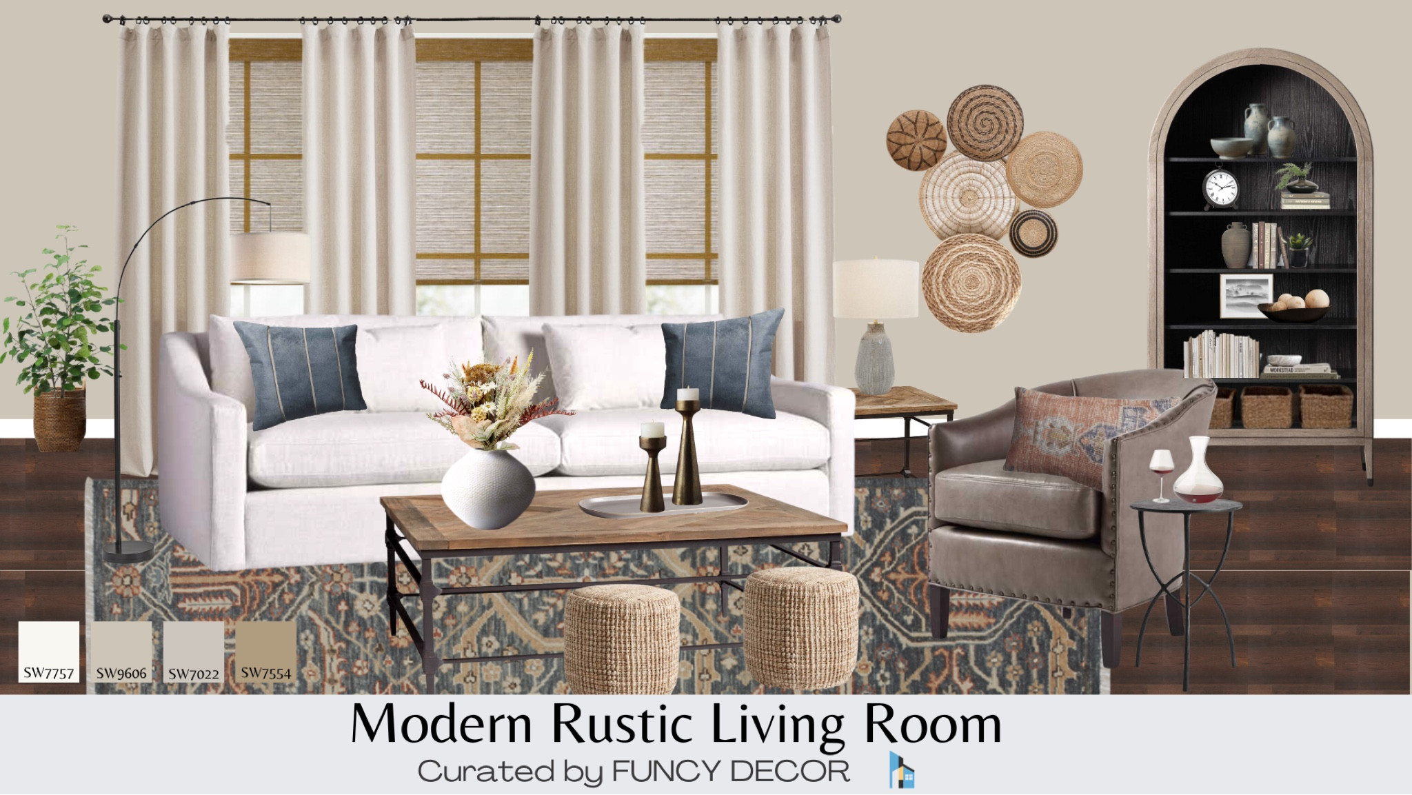 This Modern Rustic living room is layered with reclaimed wood and warm leather and accent rug tones.  Pieces are curated from Arhaus, Pottery Barn, Rejuvenation,  and Lamps Plus.

#LTKstyletip #LTKFind #LTKhome