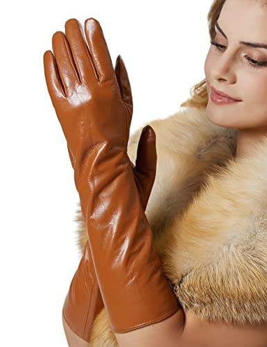 VIKIDEER Long Genuine Leather Gloves for Women Full Touchscreen Winter Warm Lined Elegant Type 15.5'' Champagne Large | Amazon (US)