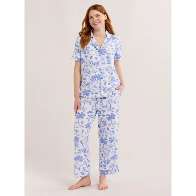 Joyspun Women's Dreamy Soft Collection Notch Collar Short Sleeve Knit Top & Capri Pajama Set, 2-P... | Walmart (US)