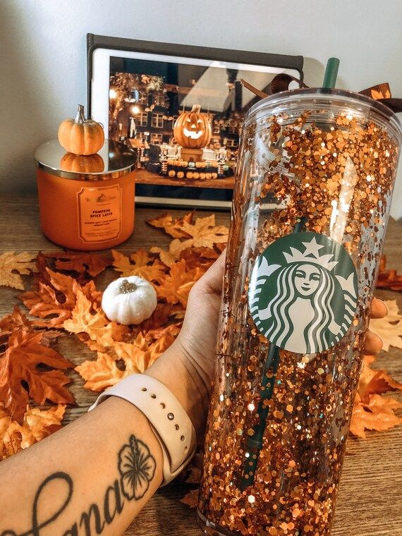 Fall Starbucks Cup| snowglobe Fall Tumbler| Halloween Starbucks Cup| Fall Leaves | Etsy (US)