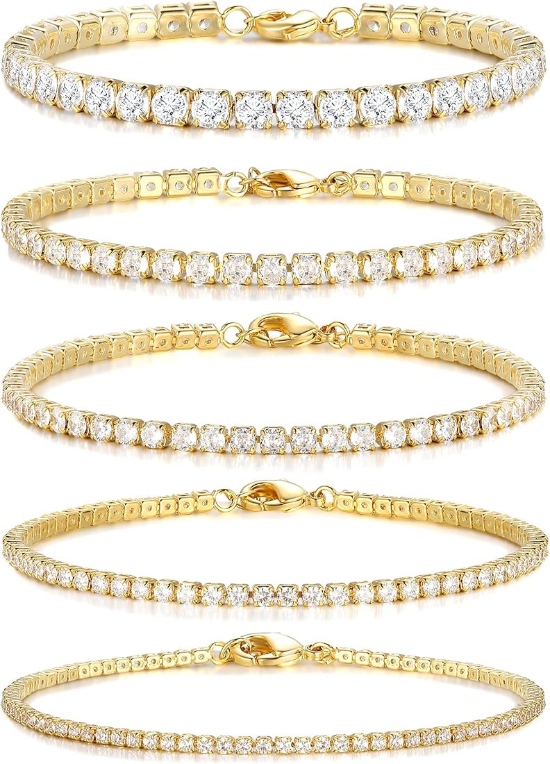 5 PCS Gold Tennis Bracelets for Women Teen Girls, 14K Gold Plated Adjustable Cubic Zirconia Charm... | Amazon (US)