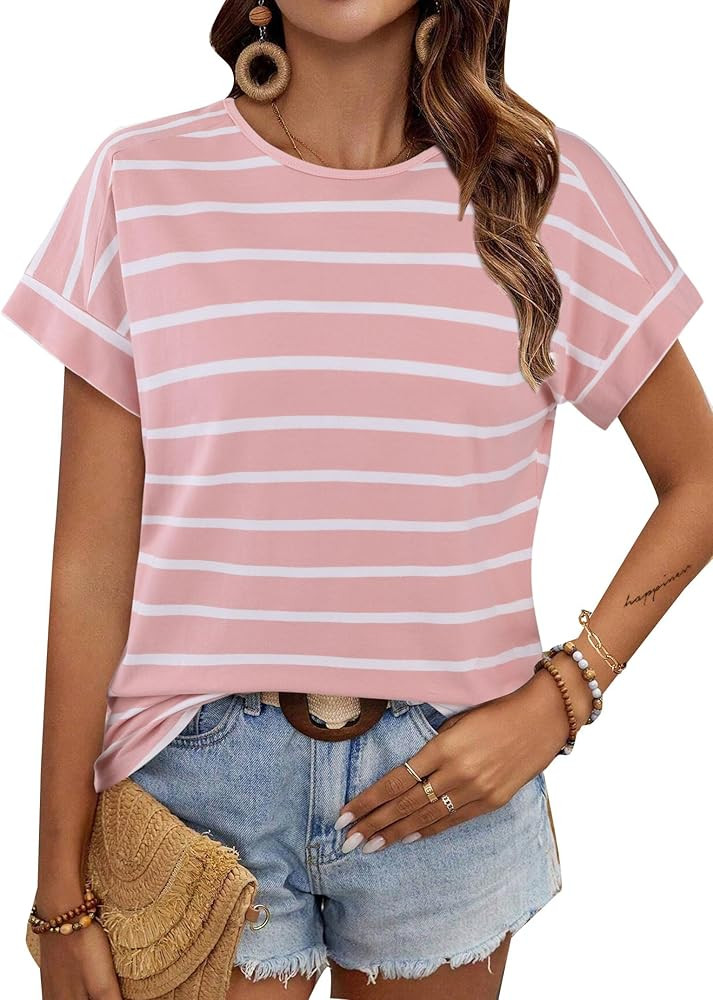 LilyCoco Womens Short Batwing Sleeve Striped Shirt Crew Neck Tops Casual Loose Fit Tee | Amazon (US)
