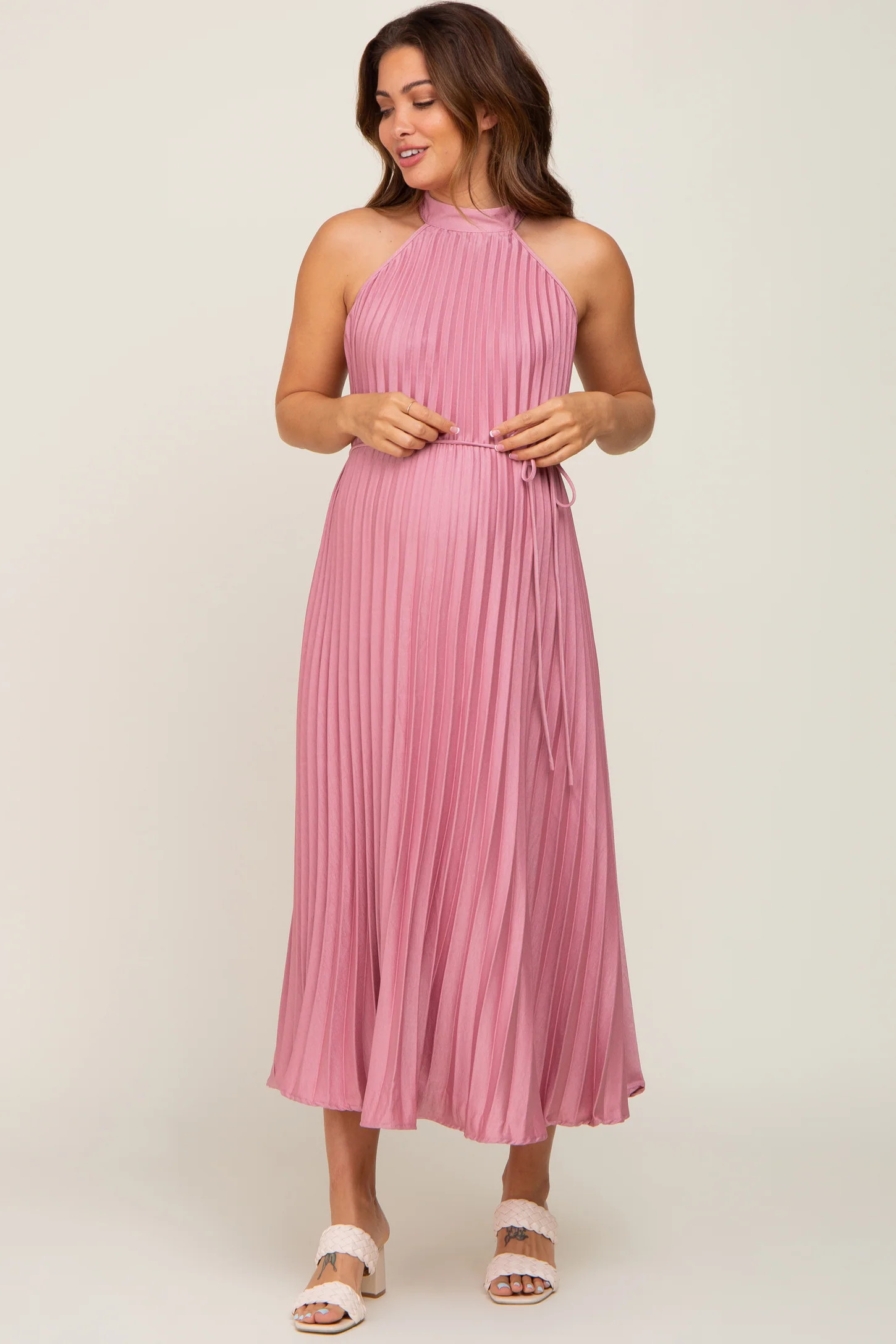 Pink Pleated Maternity Halter Dress | PinkBlush Maternity