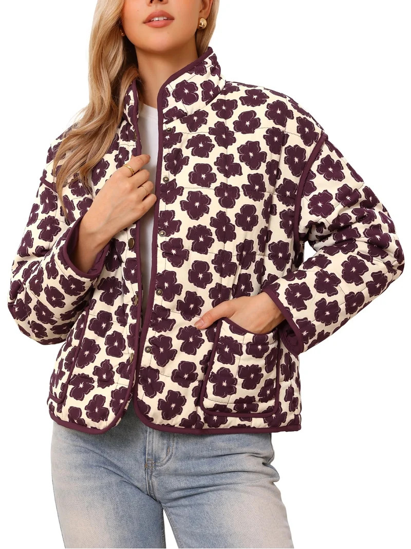 DARING DIVA Women's Cropped Puffer Quilted Floral Button Front Jacket S Beige | Walmart (US)