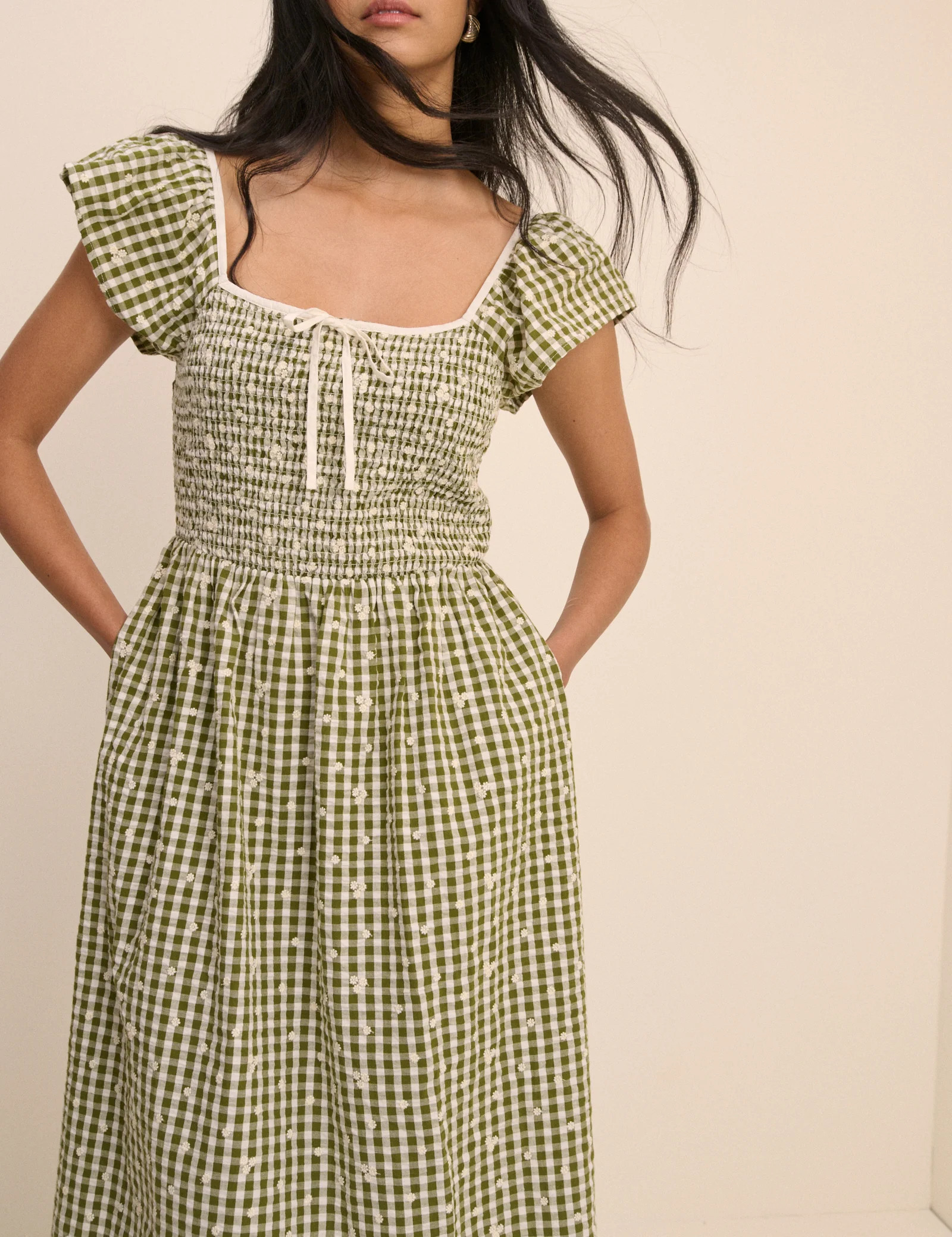 Green Gingham Embroidered Shirred Mindy Midi Dress | Nobody's Child