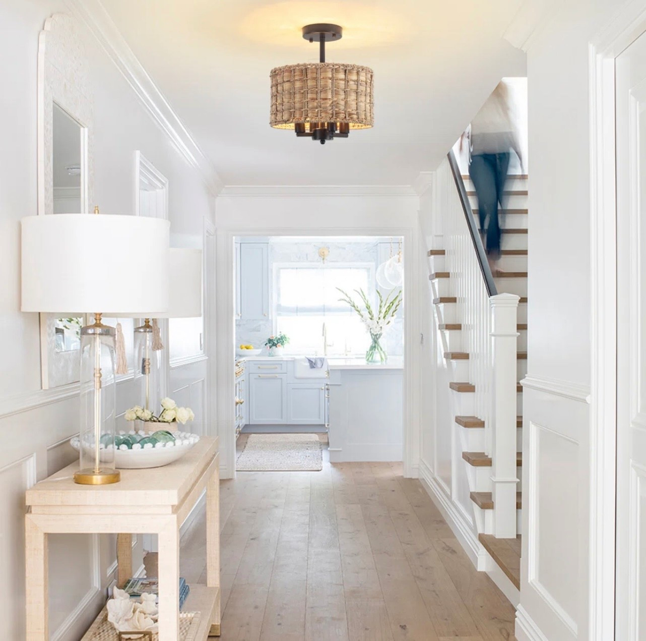 Coastal entryway with a rattan coastal chandelier Seagrass drum semi flush mount ceiling light fixture 



#LTKHome #LTKFindsUnder100