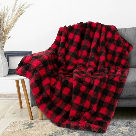 PAVILIA Buffalo Plaid Black Red Sherpa Throw Blanket for Couch Sofa | Fluffy Shaggy Fleece Blanket | | Walmart (US)