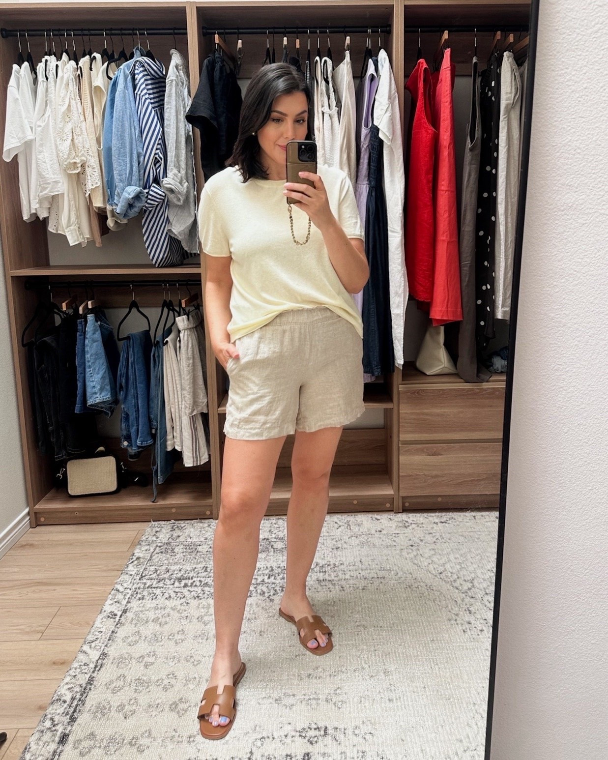 Both of these pieces are under $50! This is the cotton cashmere tee and it’s a really nice weight for summer. It’s lightweight and slightly sheer. I’m in the large for a looser fit.

This is their high waisted linen shorts, I’m in the medium. Fit is true to size, and this pair is definitely high waisted and a bit longer overall. If you don’t like the high rise, they have a regular rise as well. Quince linen washes out well and keeps! This pair is from last summer.  @Quince