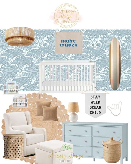 Surf themed nursery inspiration 🏄‍♂️ 

Blue dresser, woven chandelier, woven rug, simple crib, end table 

#LTKBump #LTKHome #LTKStyleTip