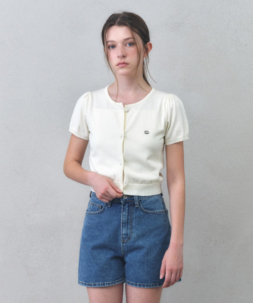 Round Essential Puff Half Cardigan_Bright White | Musinsa Global